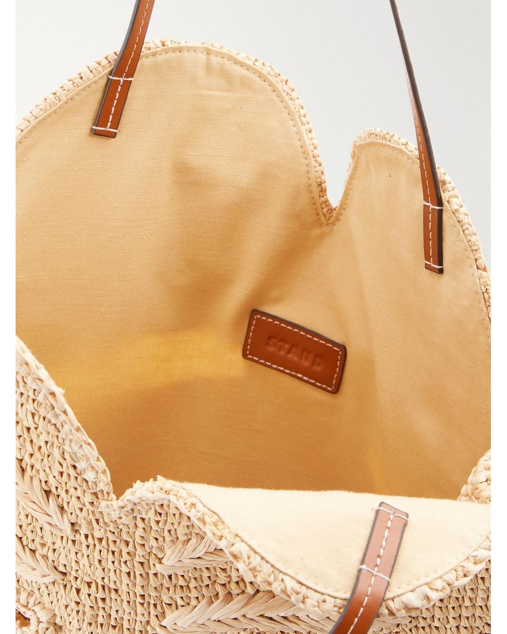 Staud White Palm Leather-Trimmed Raffia Tote