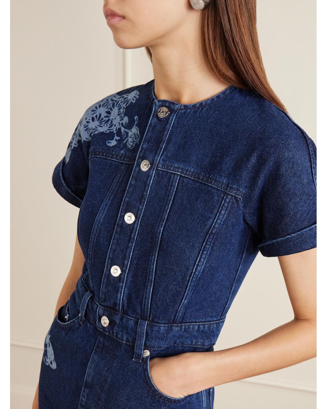 Erdem Blue Floral-Print Denim Midi Dress