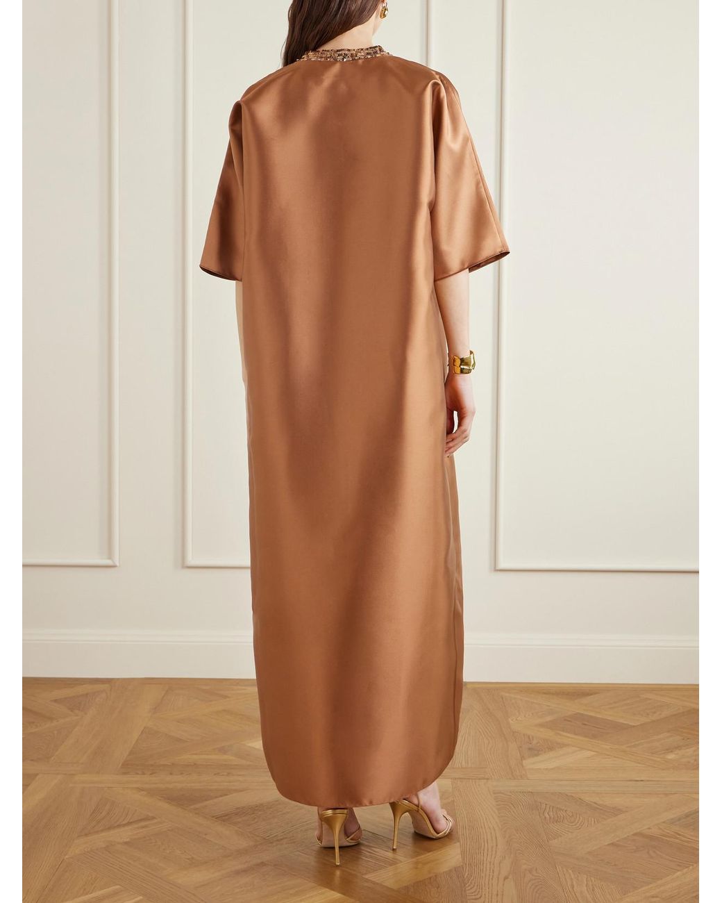 Sequin-Detailed Mikado Kaftan Dima Ayad en coloris Brown