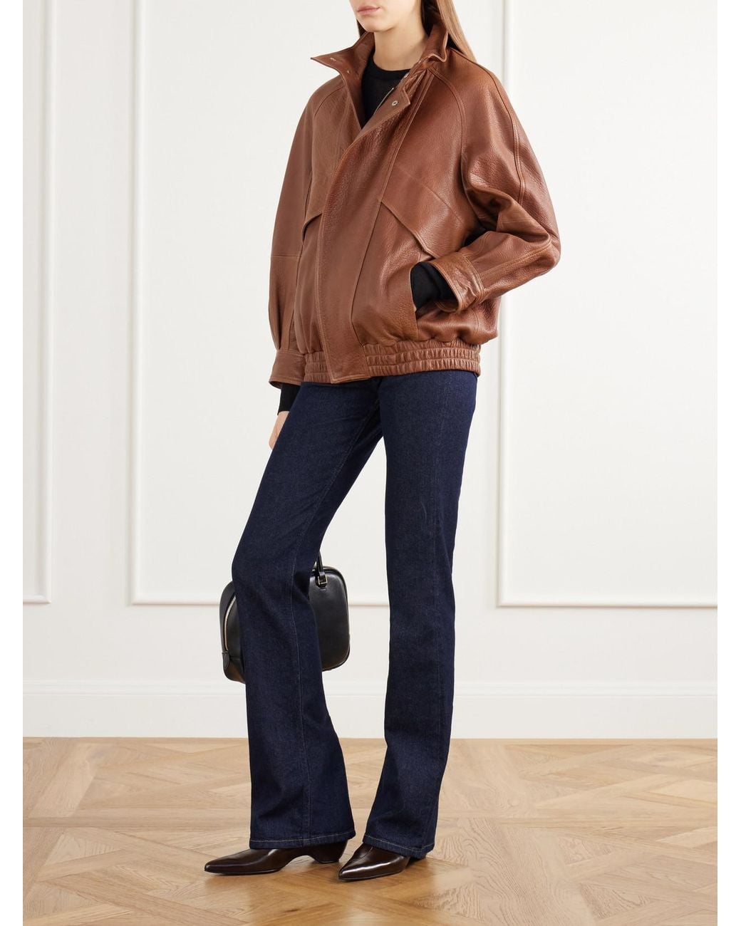 Nour Hammour Brown Ariste Oversized Paneled Leather Jacket