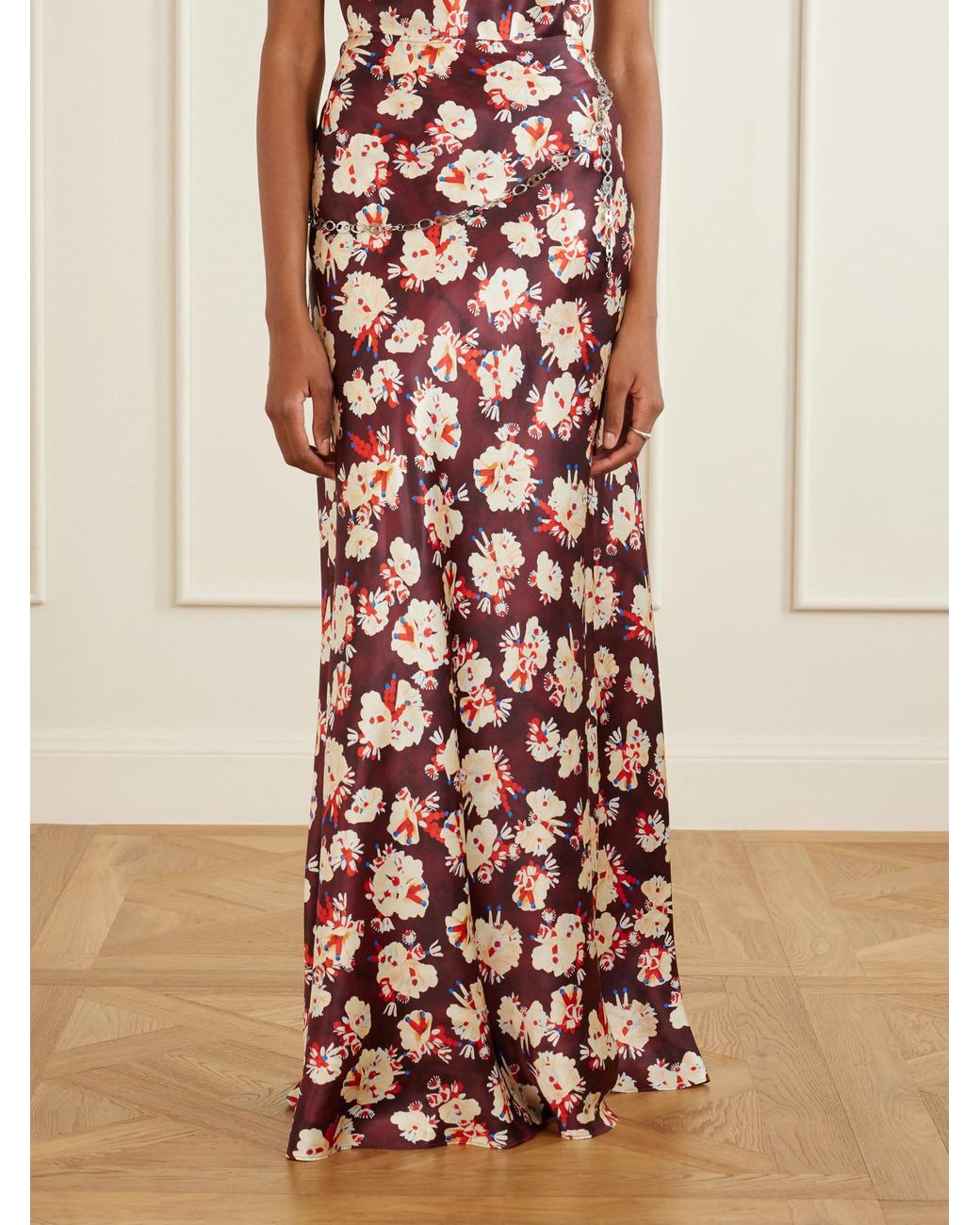 Rabanne White Chainmail-Embellished Floral-Print Silk Maxi Skirt