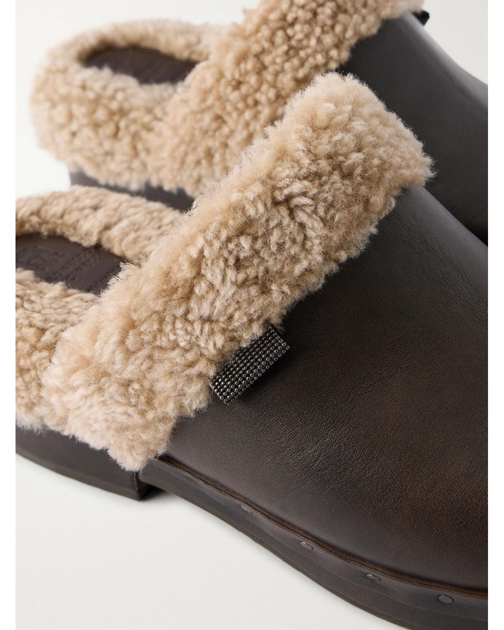 Brunello Cucinelli Brown Monili-Embellished Shearling-Trimmed Leather Clogs