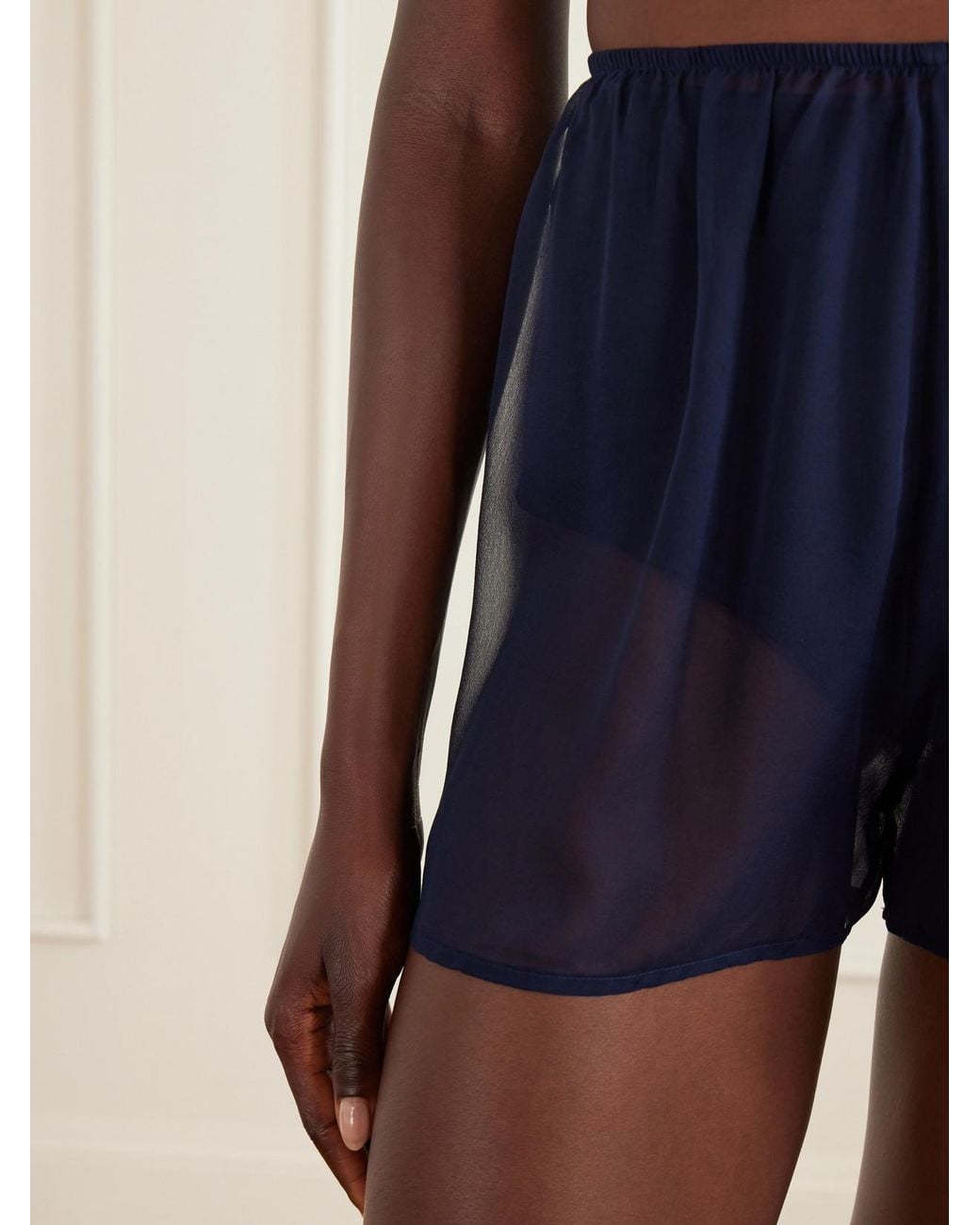 SARA CRISTINA Blue Playa Pearl-Embellished Silk-Chiffon Shorts