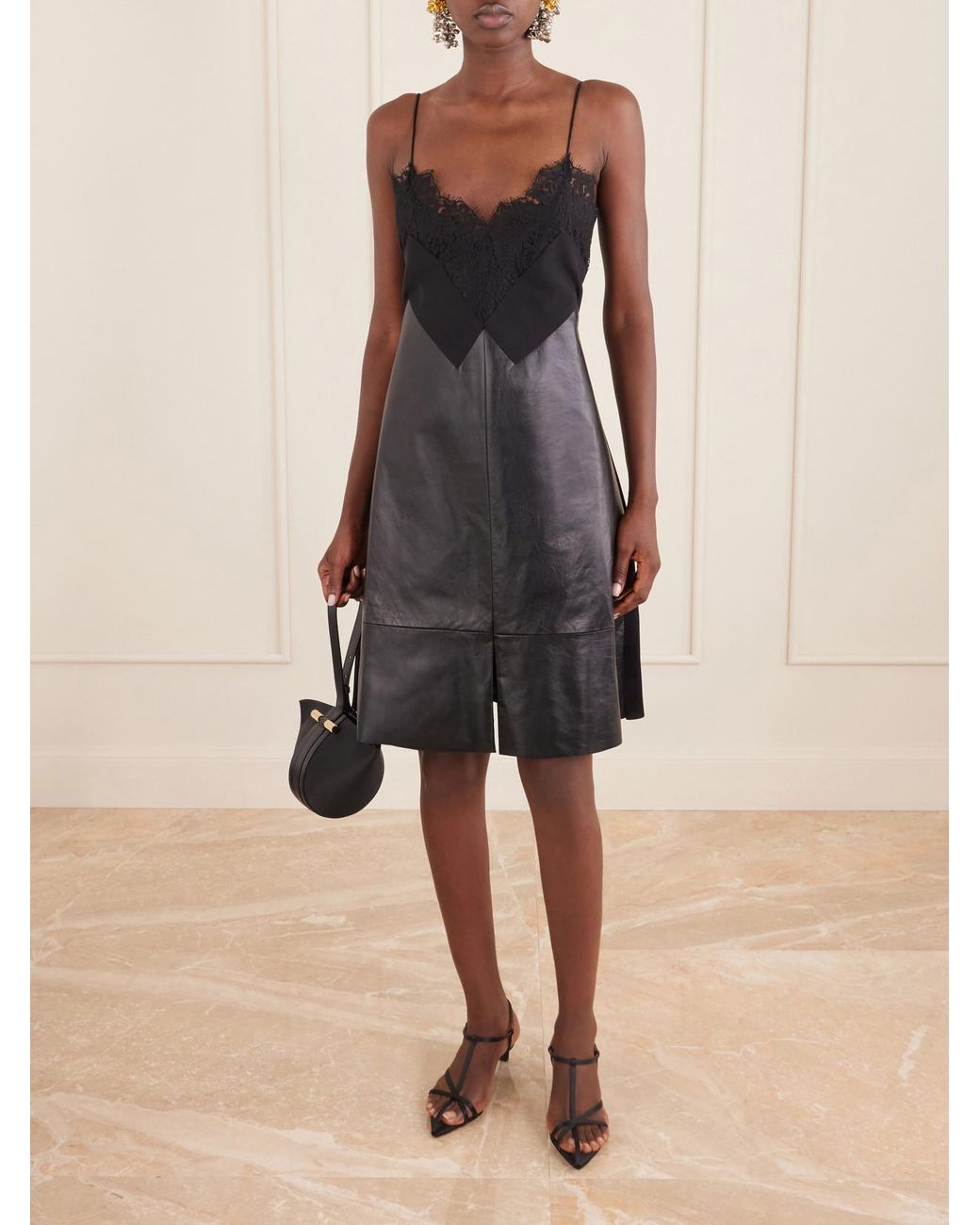 Sharon Wauchob Black Tulipa Gathered Lace-Trimmed Jersey And Leather Midi Dress