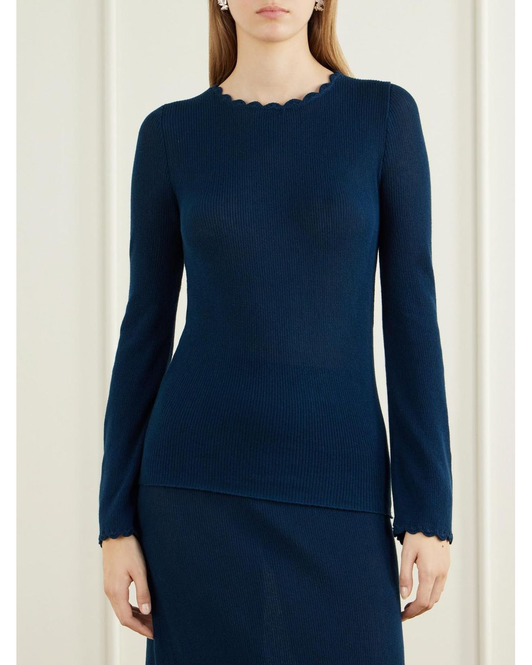 Escvdo Blue Bernabe Scalloped Ribbed Cotton Sweater