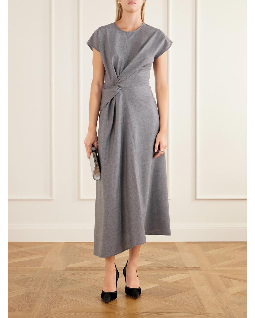 Victoria Beckham Gray Aria Gathered Wool Midi Dress