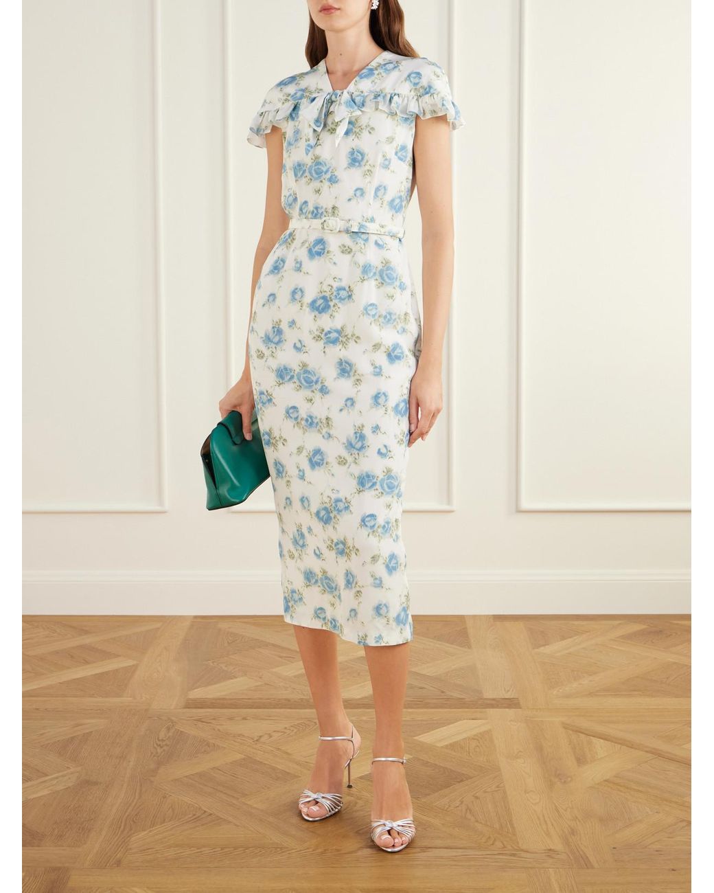 Alessandra Rich Blue Belted Floral-Print Ruffle-Trim Silk-Crepe Midi Dress