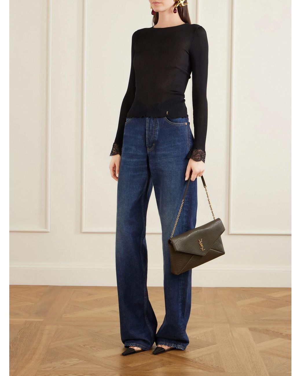 Saint Laurent Black Lace-Trimmed Ribbed-Knit Silk T-Shirt