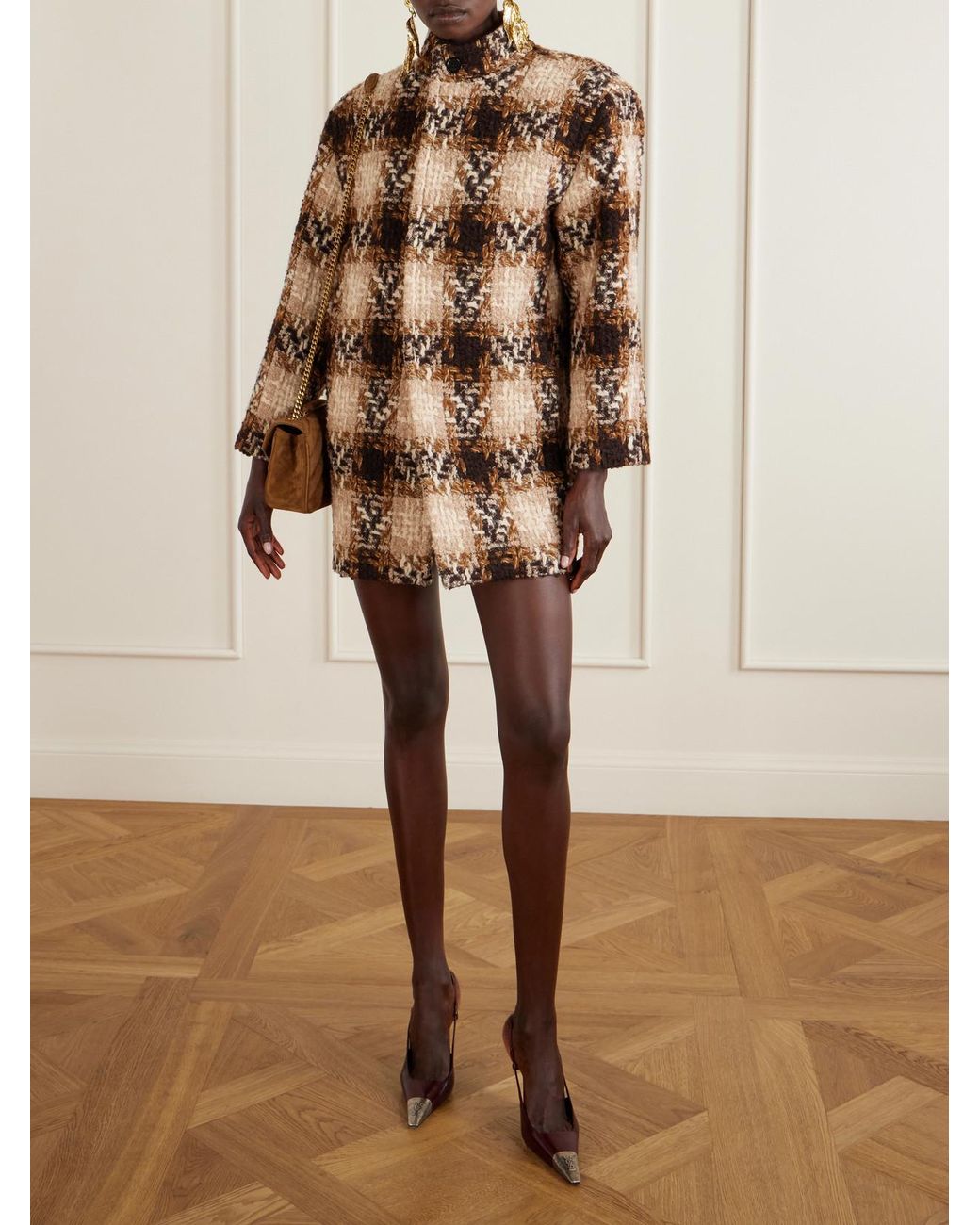 Saint Laurent Brown Checked Wool-Blend Tweed Jacket