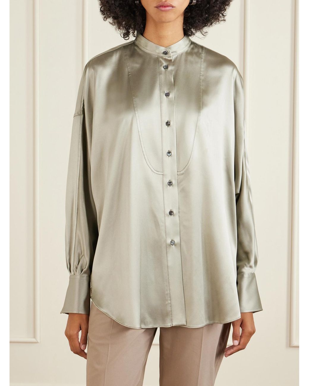 Brunello Cucinelli Green Bead-Embellished Silk-Blend Satin Shirt