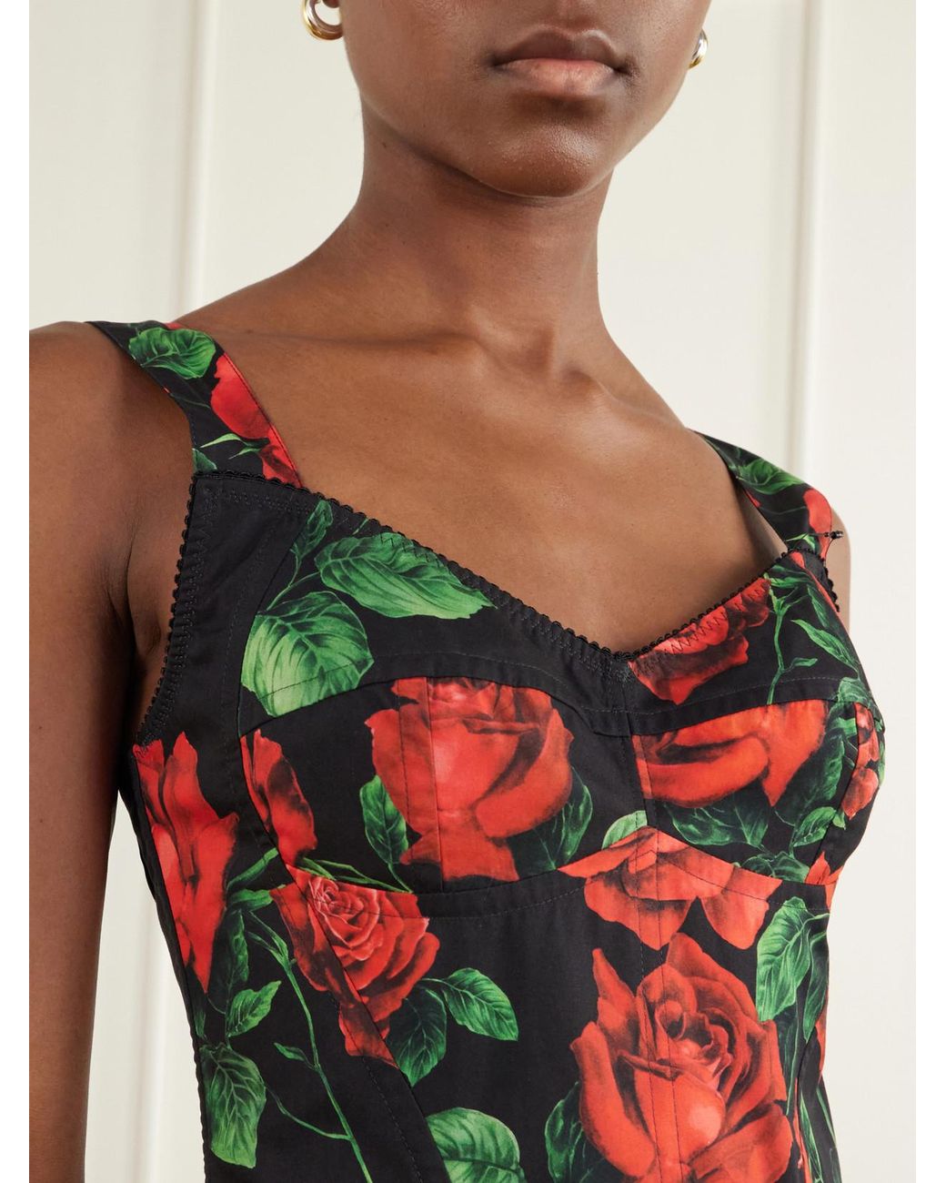 Dolce & Gabbana White Floral-Print Cotton-Poplin Bustier Midi Dress