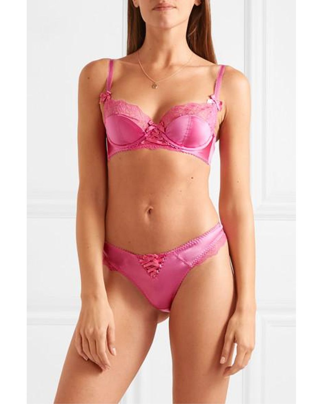 Agent Provocateur Ayla Leavers Lace And Picot-trimmed Stretch-silk Satin  Thong in Pink | Lyst