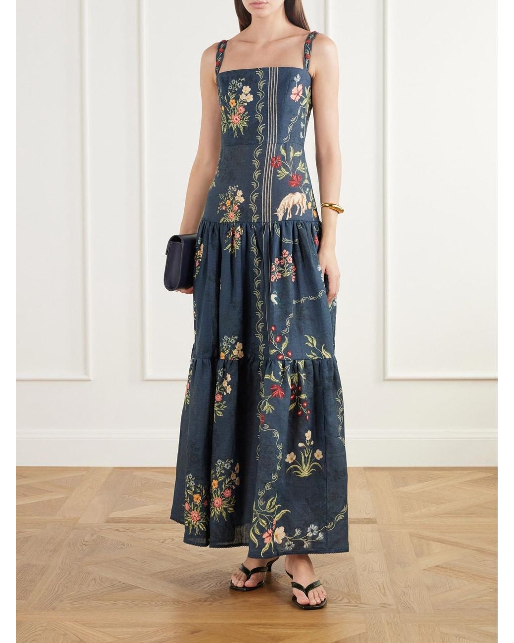 Agua Bendita Blue Lima Floral-Print Linen Woven Maxi Dress