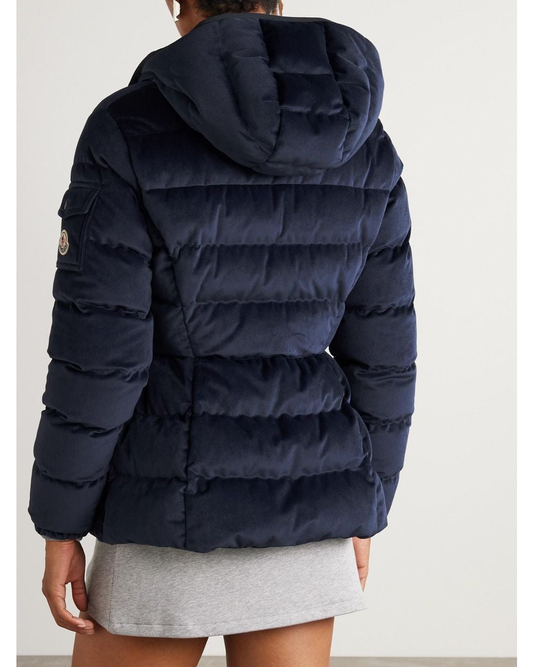 Moncler Blue Barante Quilted Velour Hooded Down Jacket