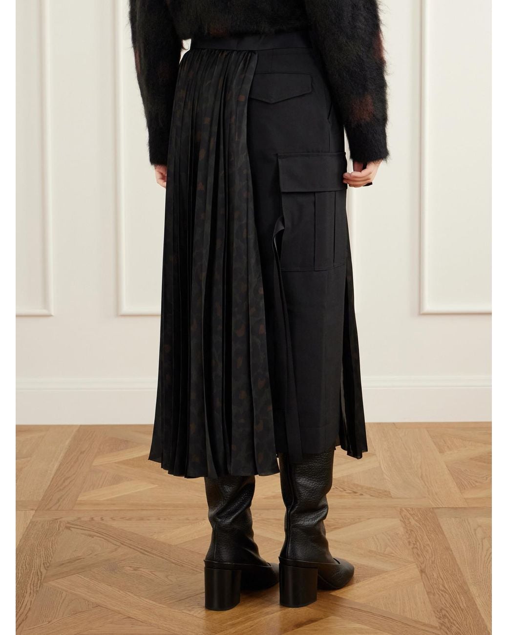 Sacai Black Pleated Leopard-Print Jersey And Satin Midi Skirt