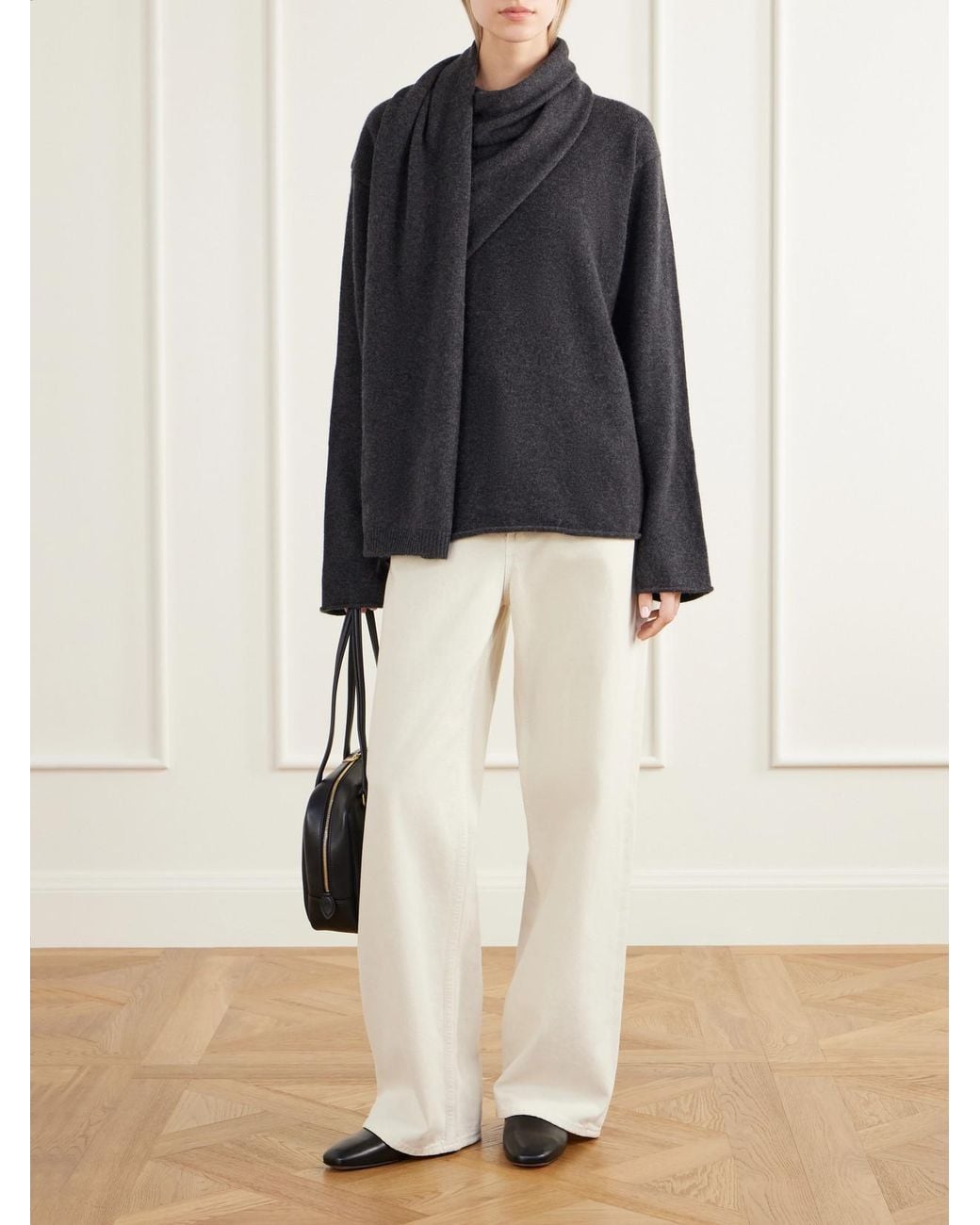Loulou de Saison Black Frances Scarf-Detailed Cashmere Sweater