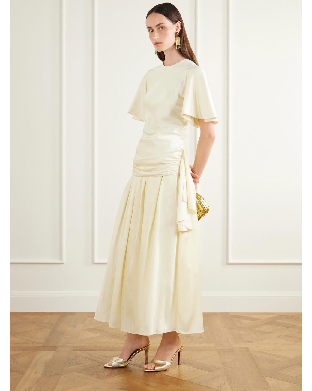 Abadia Natural Gathered Linen-Blend Satin Blouse