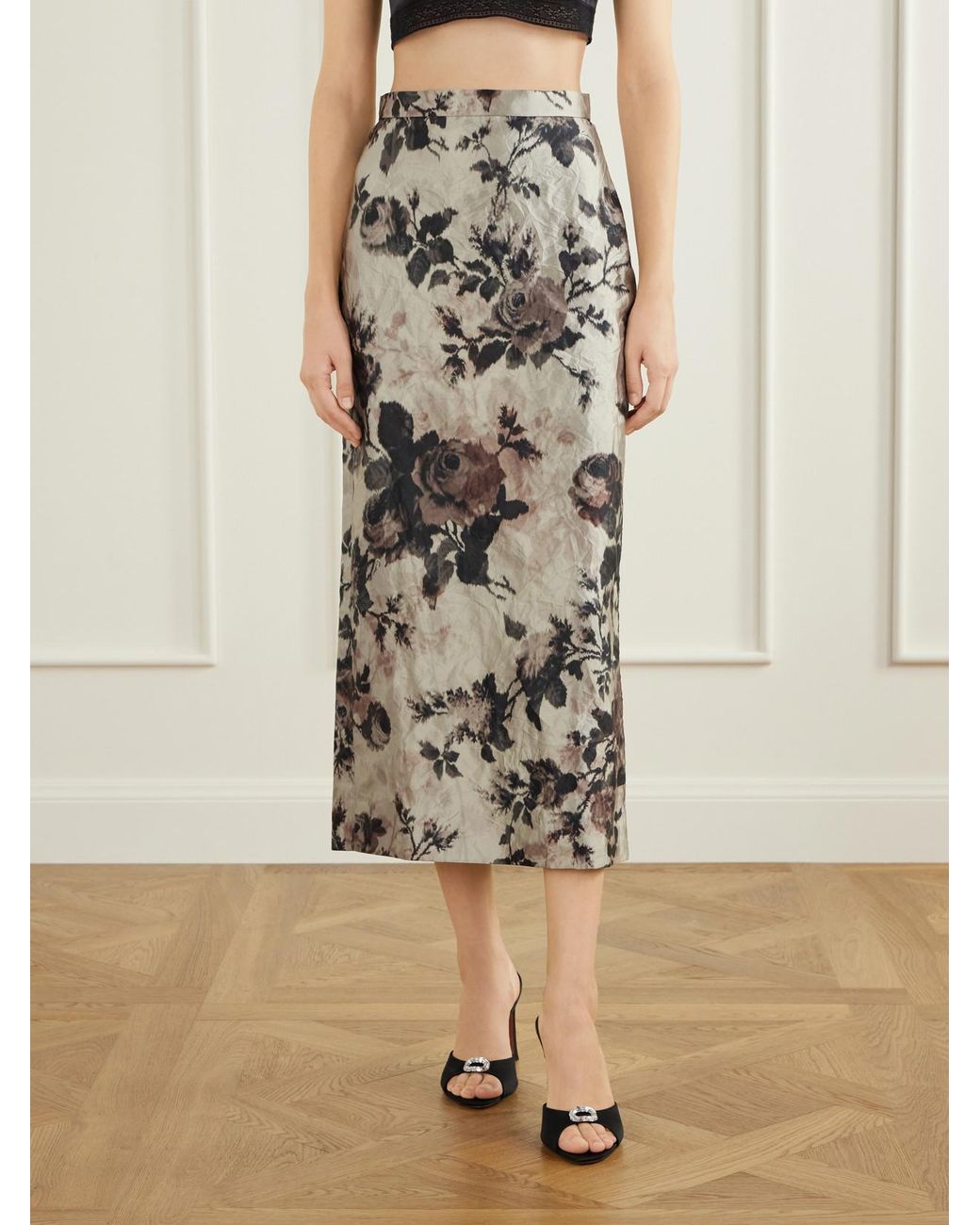 Erdem Gray Floral-Print Crinkle Satin Midi Skirt