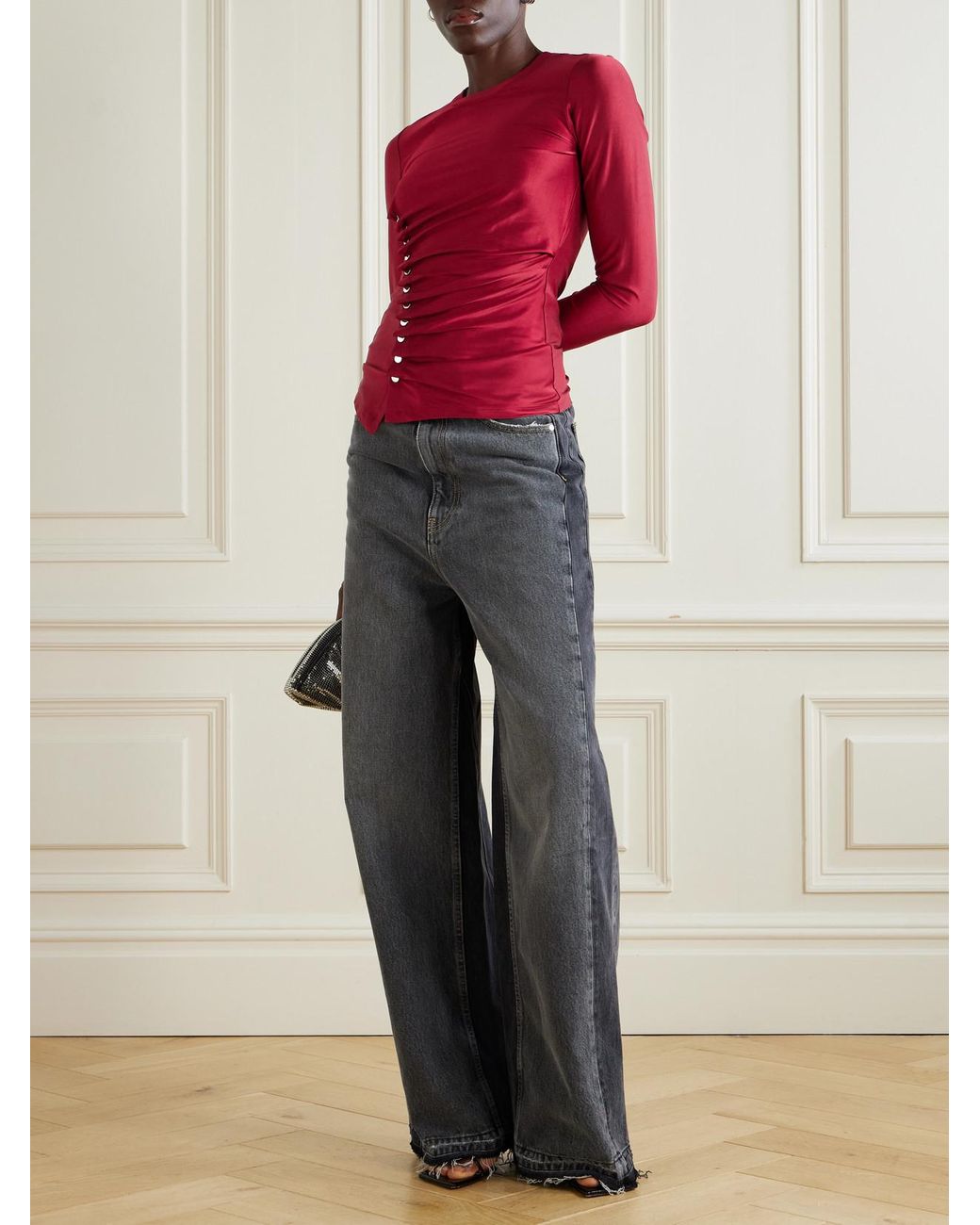 Rabanne Button-Detailed Gathered Jersey Top