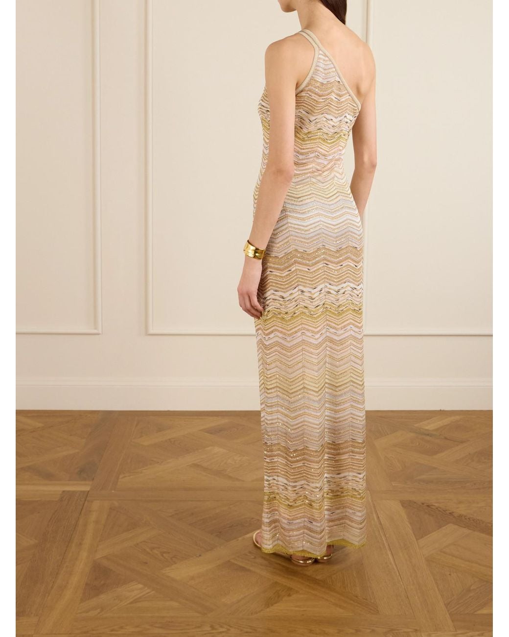Missoni Natural One-Shoulder Sequin-Embellished Striped Metallic Crochet-Knit Maxi Dress