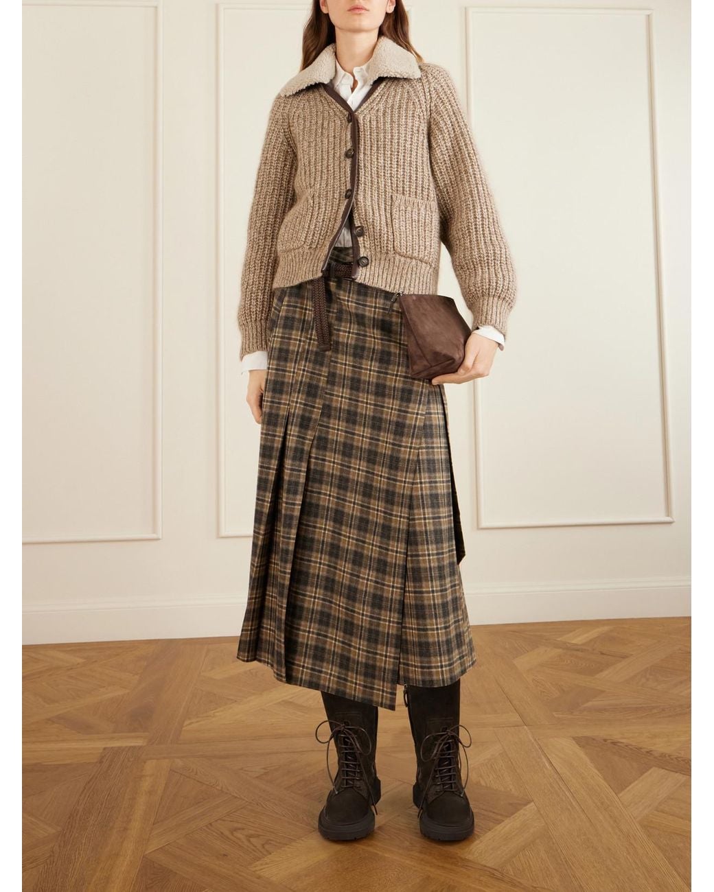 Brunello Cucinelli Natural Shearling And Leather-Trimmed Cashmere-Blend Cardigan