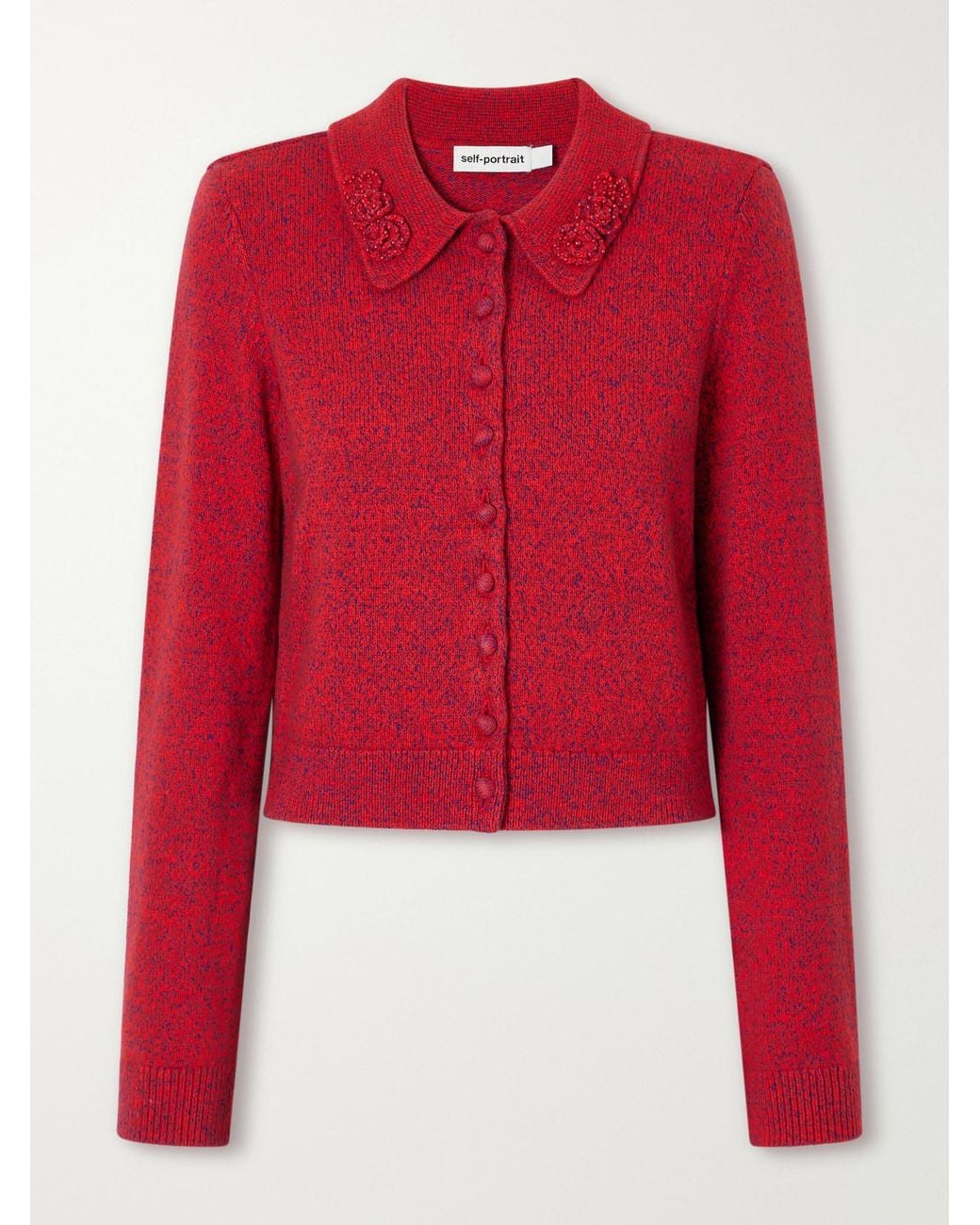 Self-Portrait Red Bead-Embellished Cropped Knitted Cardigan