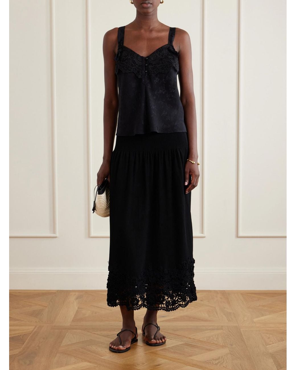 Ulla Johnson Black Leona Crochet-Trimmed Ribbed Midi Skirt