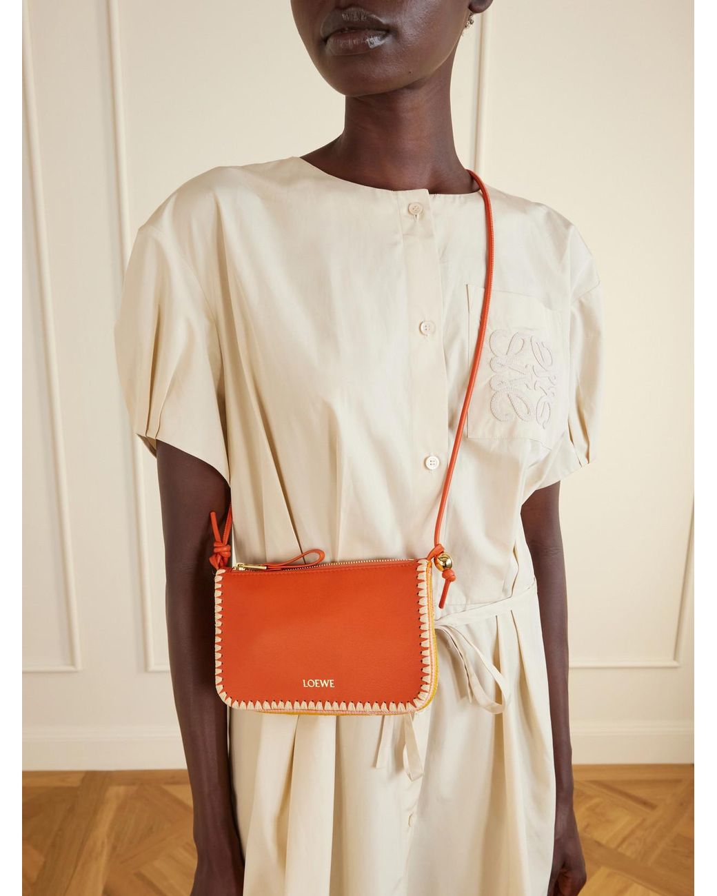 Loewe Red Paula's Ibiza Rio Raffia-Trimmed Leather Shoulder Bag