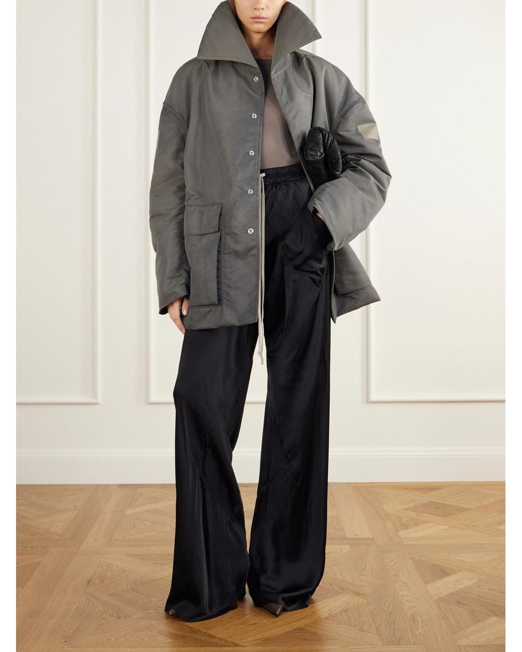 Rick Owens Gray Dracucollar Oversized Distressed Padded Shell Parka