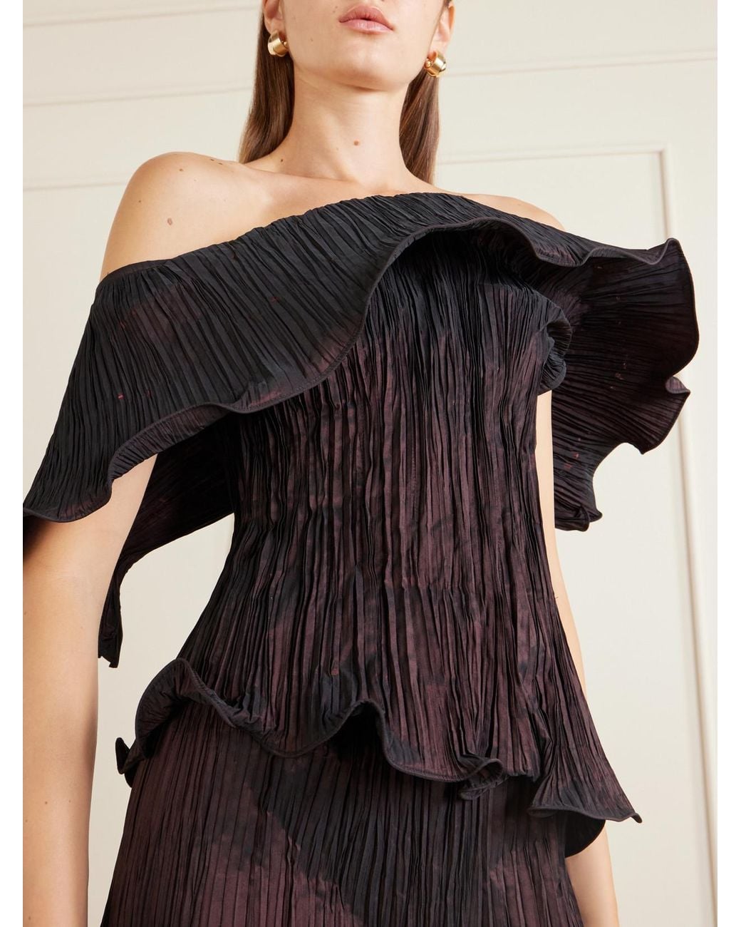 Marmar Halim Black Pleated Off-The-Shoulder Taffeta Gown