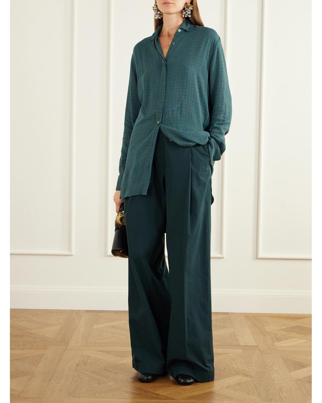 Dries Van Noten Green Paneled Checked Crepe Shirt