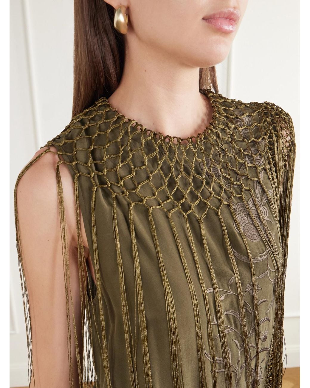Ulla Johnson Green Willa Fringed Embroidered Silk-Crepe De Chine Blouse
