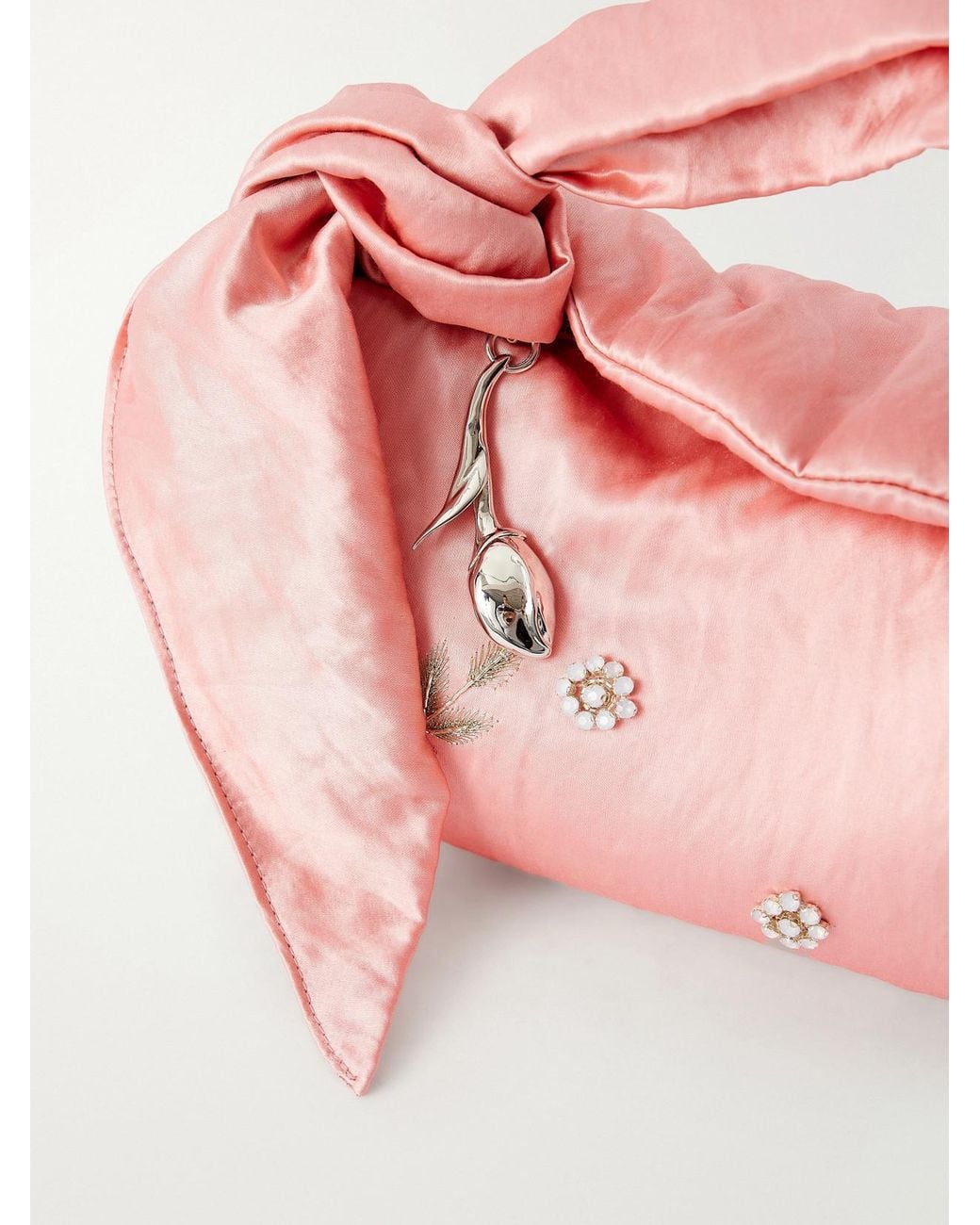 Erdem Pink East West Bloom Crystal-Embellished Embroidered Textured Satin Top-Handle Bag