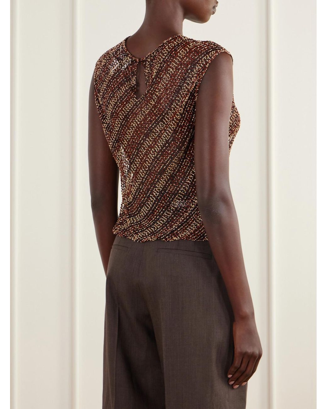 Twp Brown Beaded Open-Knit Tank