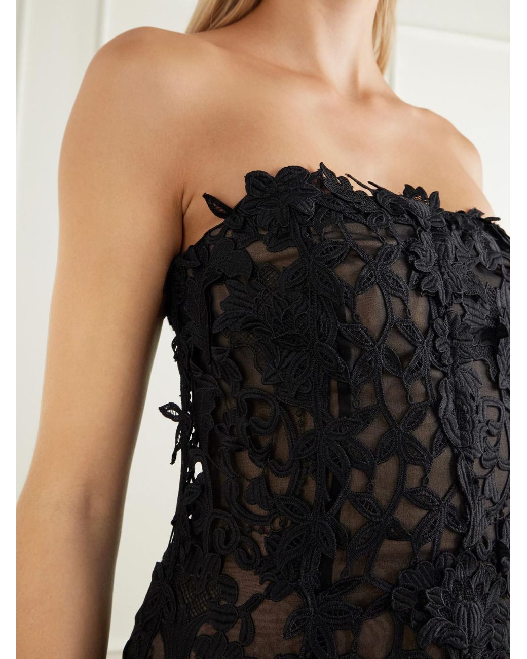 Oscar de la Renta Blue Guipure Lace-Trimmed Mesh Midi Dress