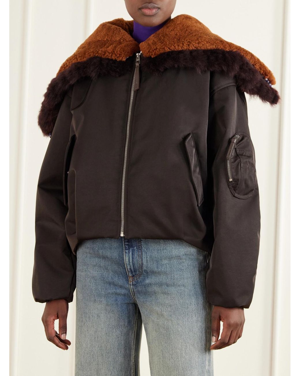 Loewe Black Gathered Shearling And Twill-Trimmed Shell Bomber Jacket