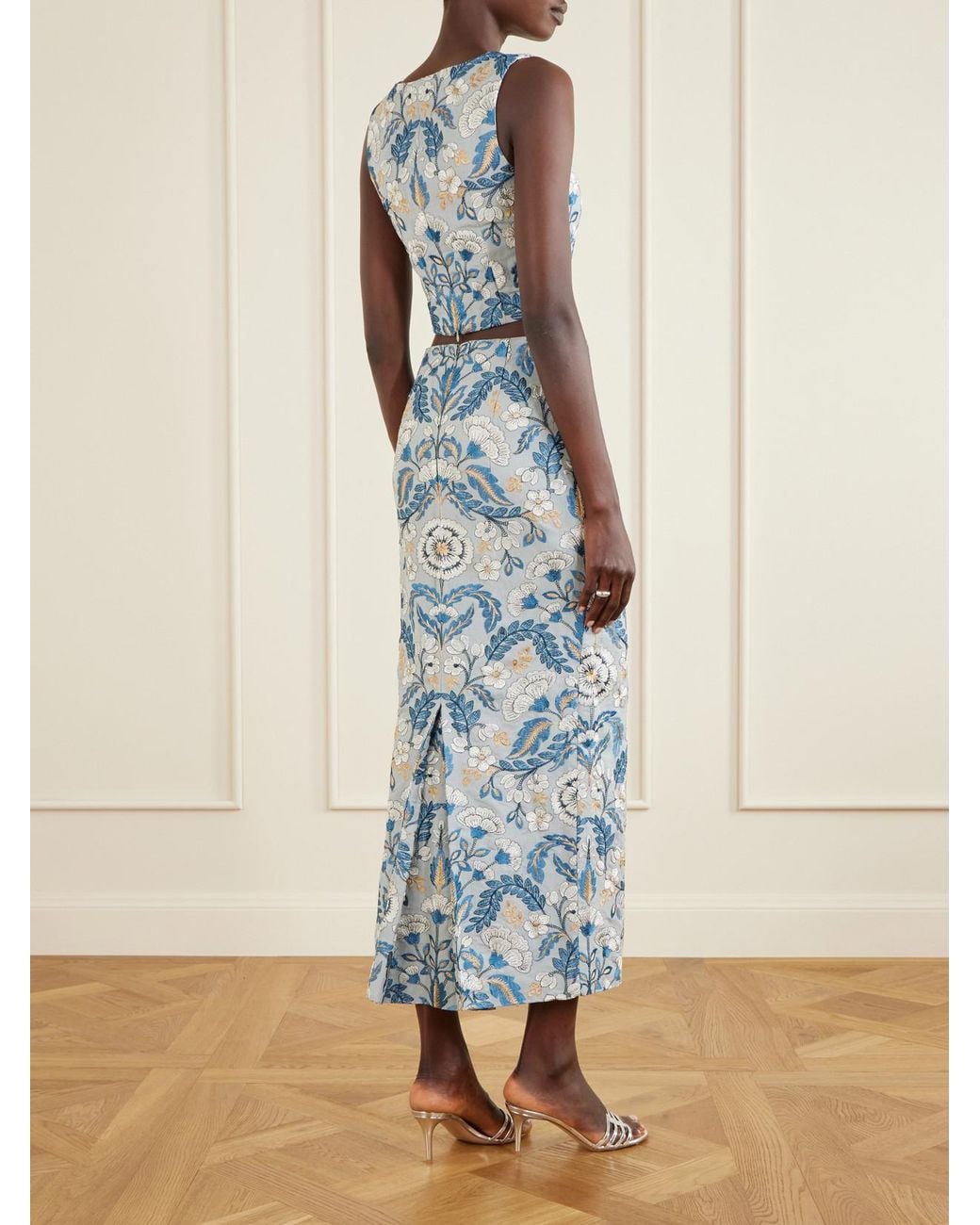 Marta Ferri Blue Embroidered Woven Midi Skirt