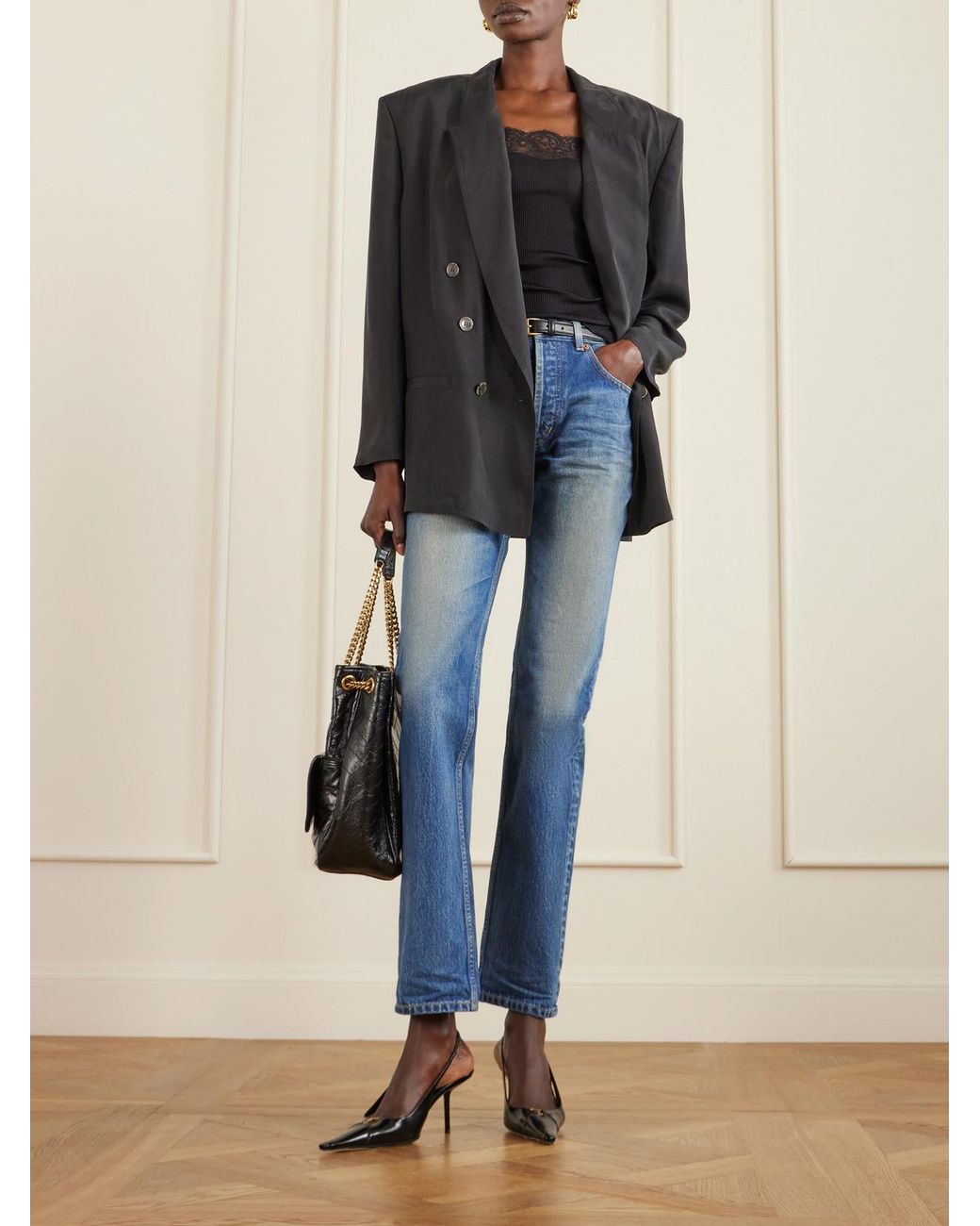 Saint Laurent Blue Double-Breasted Silk-Habotai Blazer