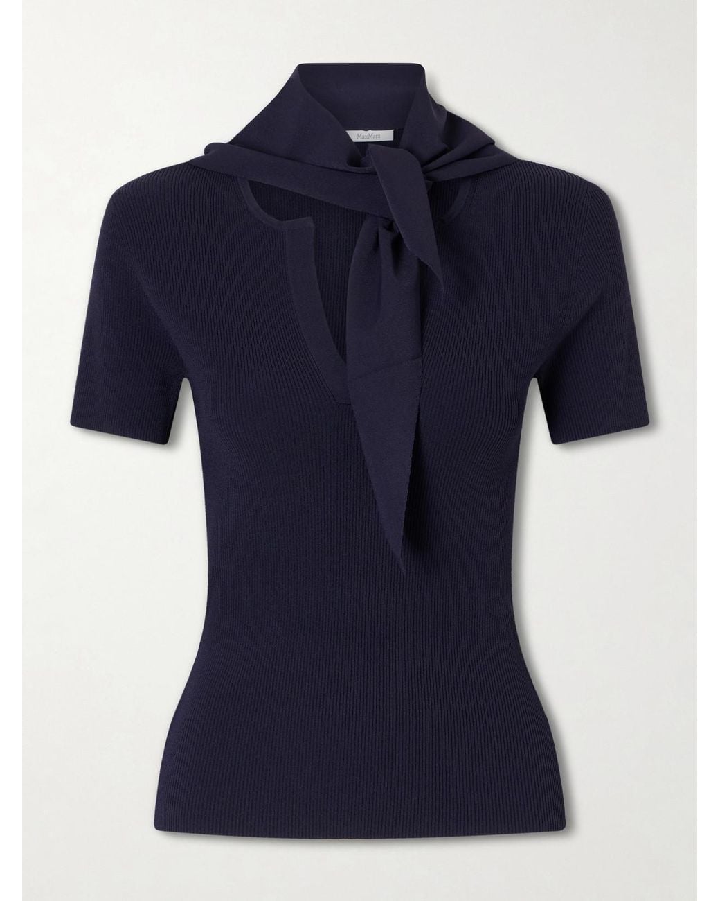 Max Mara Blue Palmeti Tie-Detailed Ribbed Jersey T-Shirt