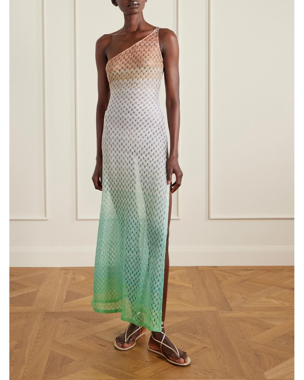 Missoni Green One-Shoulder Metallic Crochet-Knit Coverup