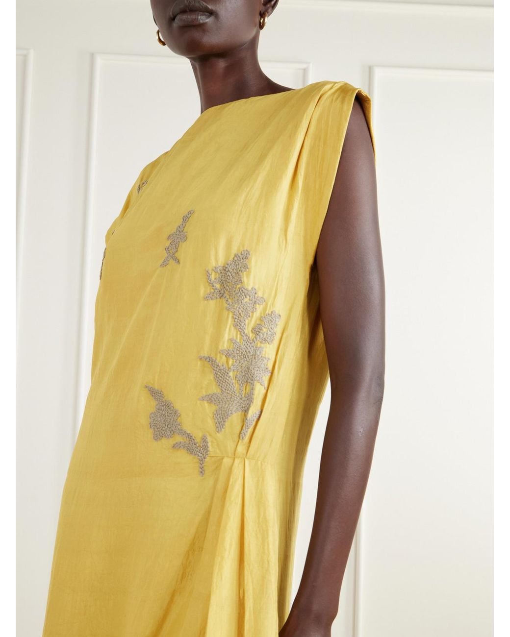 Kartik Research Yellow Embroidered Pleated Crinkled Silk-Dupioni Midi Dress