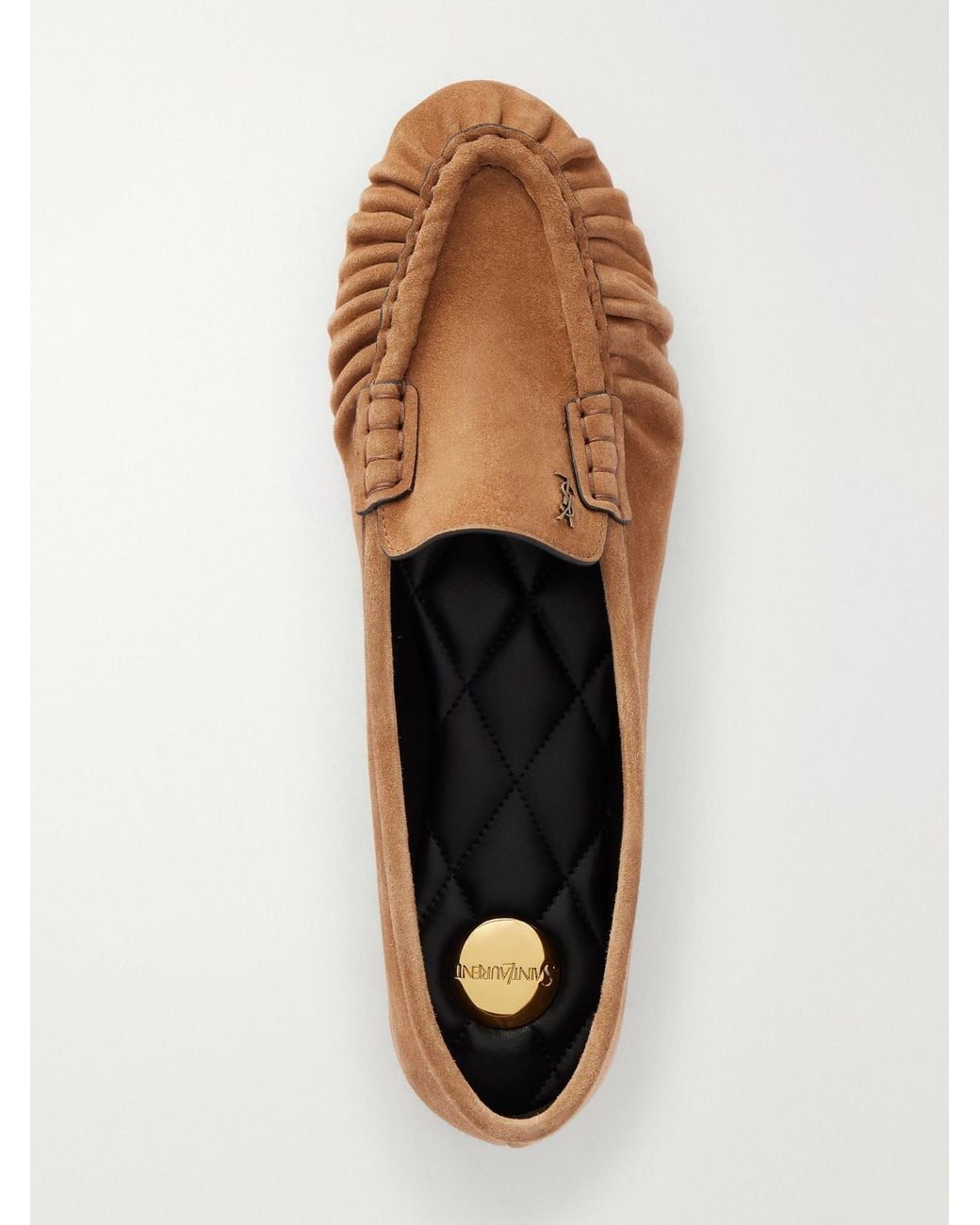 Saint Laurent Brown Loaferino Gathered Suede Ballet Flats