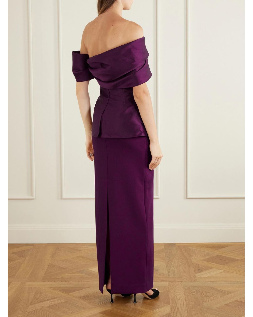 Solace London Purple Lucine Off-The-Shoulder Satin-Twill Gown