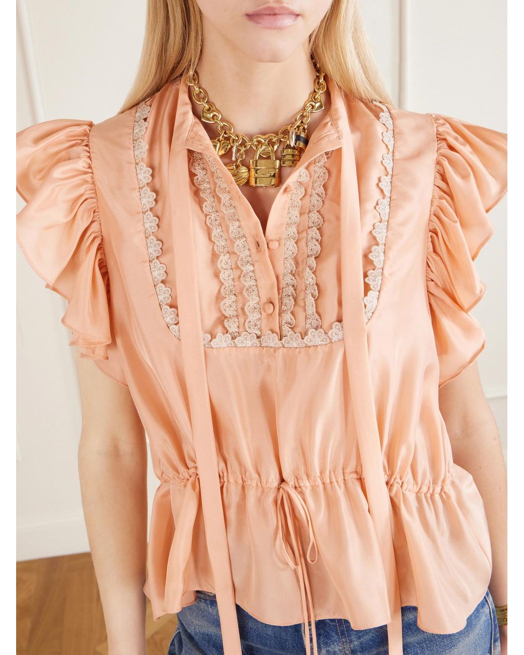 Chloé Pink Ruffled Lace-Trimmed Silk-Habotai Blouse