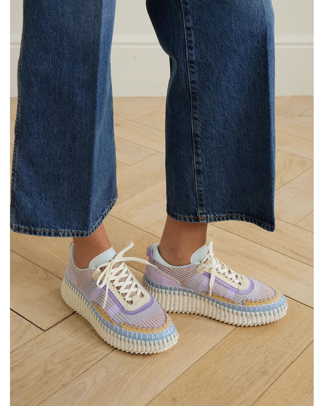 Chloé Blue Nama Embroidered Suede And Mesh Sneakers