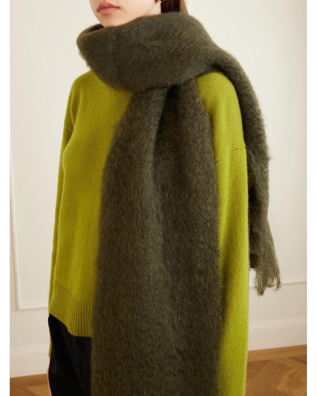 Jil Sander Green Fringed Mohair And Wool-Bend Scarf