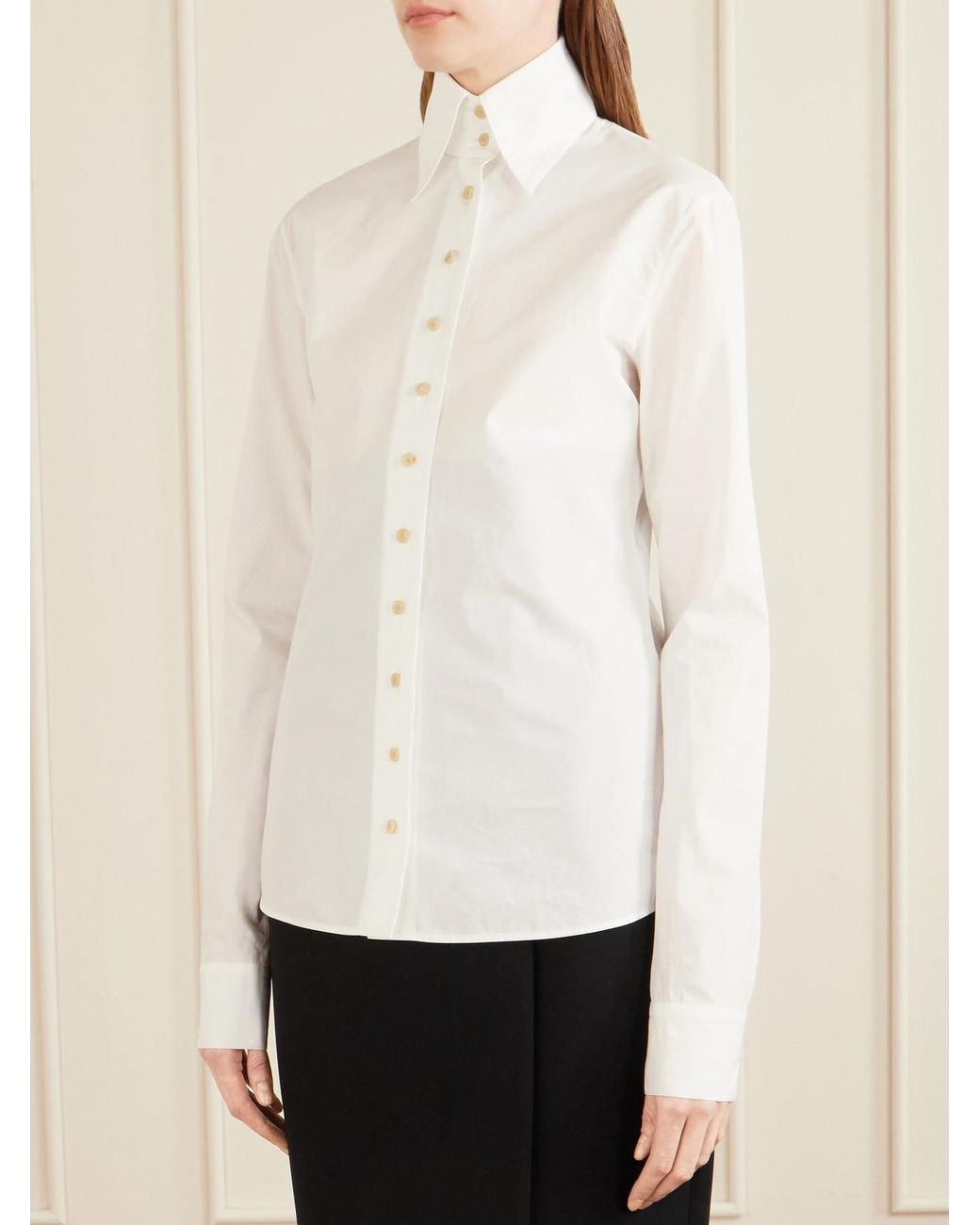 Khaite White Ivy High-Collar Cotton-Poplin Shirt