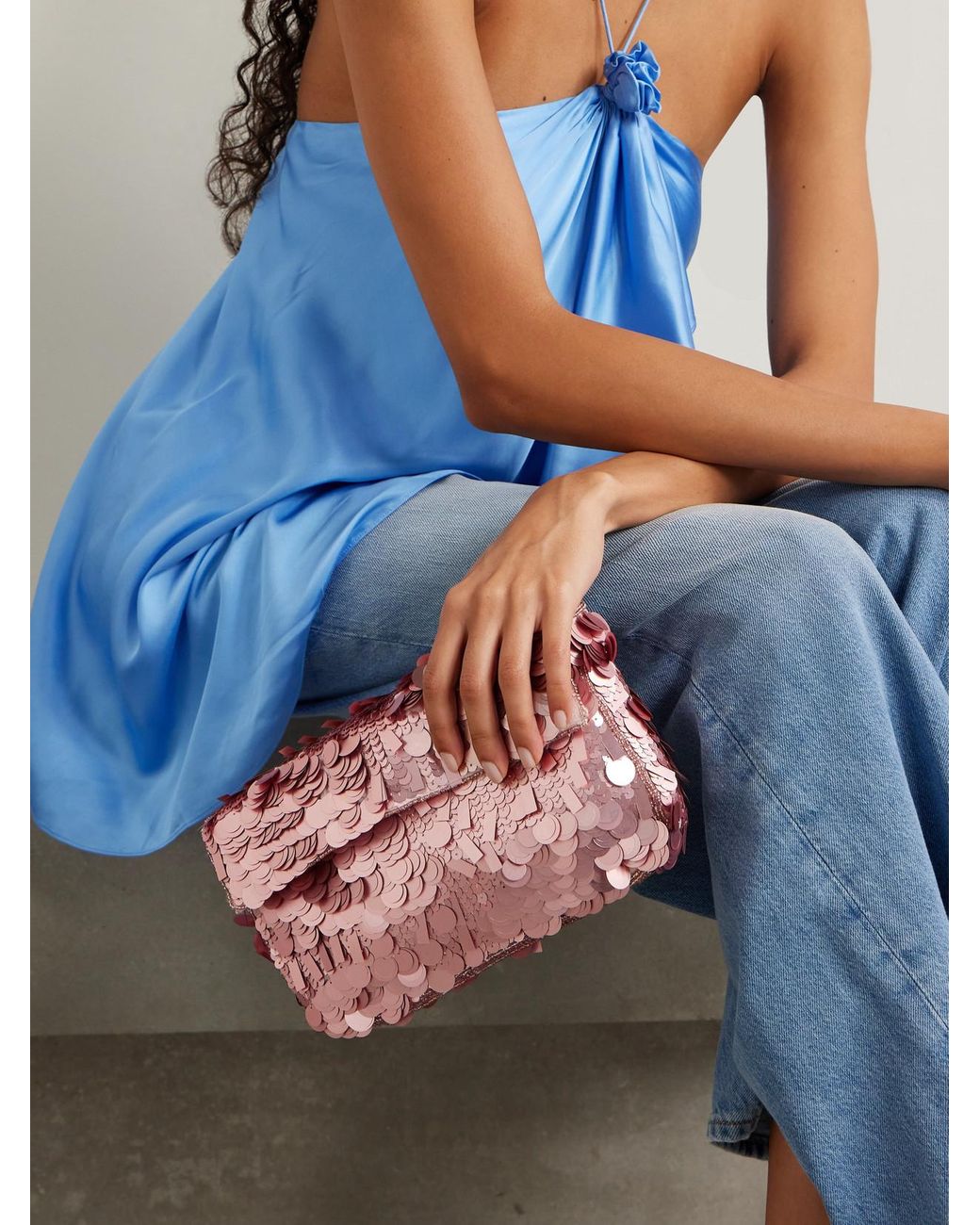 STAUD Timmy Leather-Trimmed Sequined Satin Shoulder Bag in Pink | Lyst