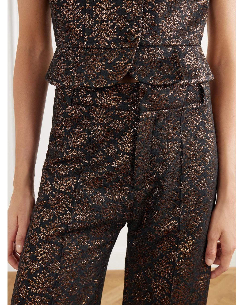 D'Estree Brown Yoshitomo Pintucked Brocade Straight-Leg Pants
