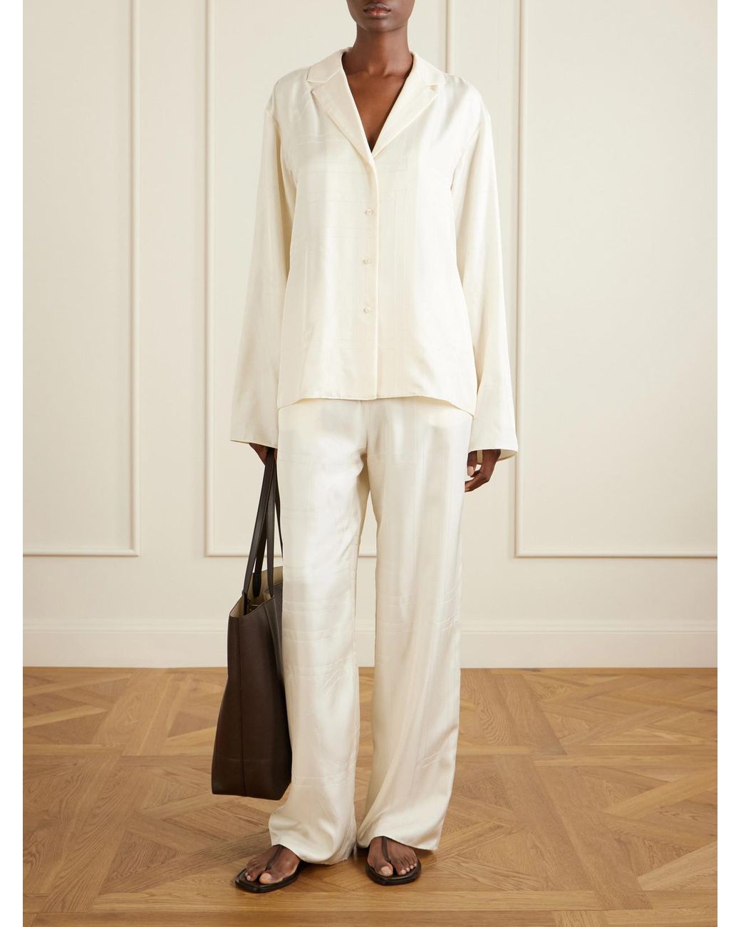 Totême White Monogram Silk Wide-Leg Pyjama Pants